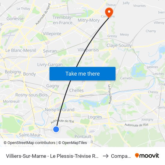 Villiers-Sur-Marne - Le Plessis-Trévise RER to Compans map