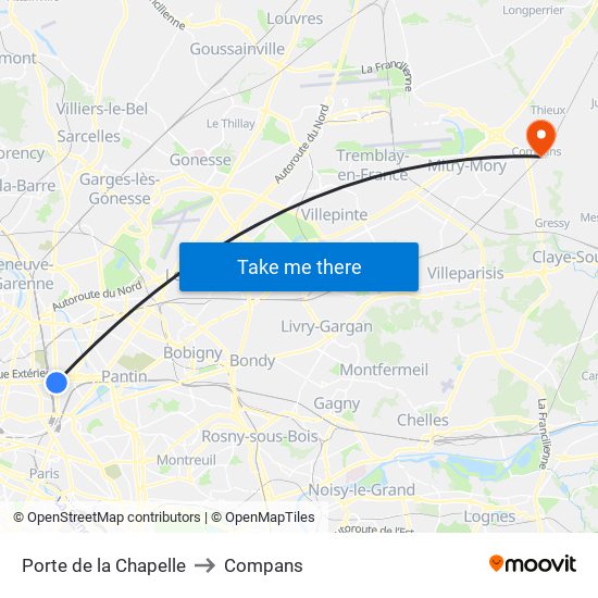 Porte de la Chapelle to Compans map