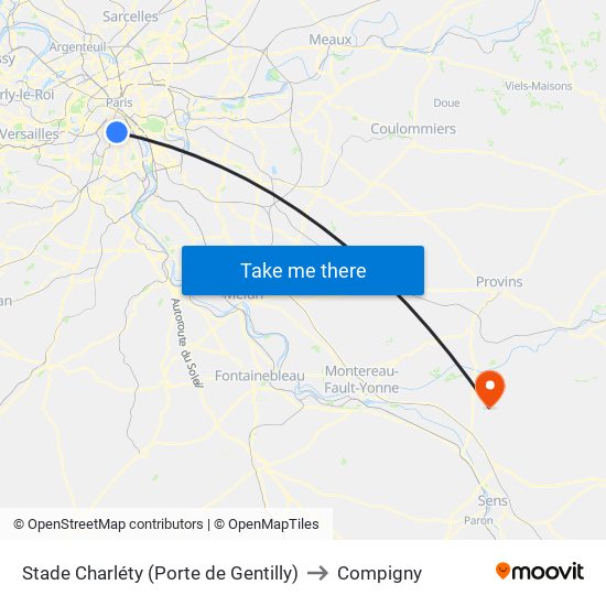 Stade Charléty (Porte de Gentilly) to Compigny map