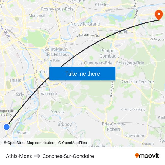 Athis-Mons to Conches-Sur-Gondoire map