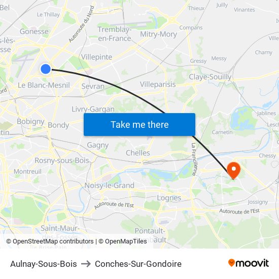 Aulnay-Sous-Bois to Conches-Sur-Gondoire map