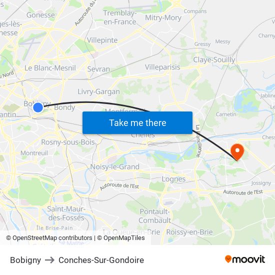 Bobigny to Conches-Sur-Gondoire map