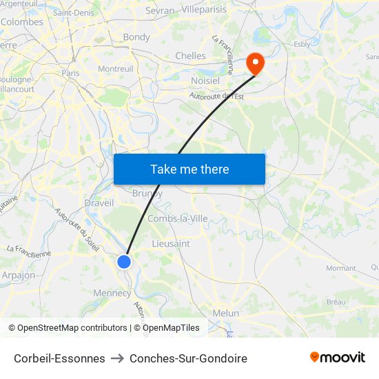 Corbeil-Essonnes to Conches-Sur-Gondoire map