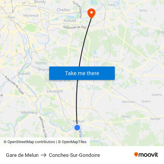 Gare de Melun to Conches-Sur-Gondoire map