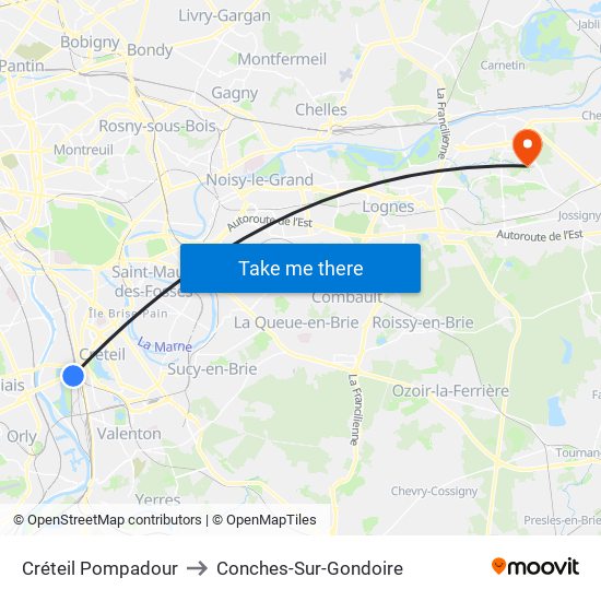 Créteil Pompadour to Conches-Sur-Gondoire map