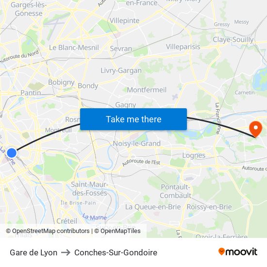 Gare de Lyon to Conches-Sur-Gondoire map