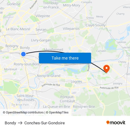 Bondy to Conches-Sur-Gondoire map