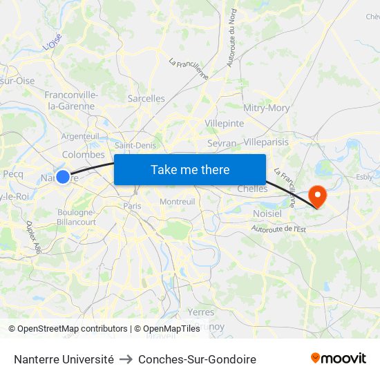 Nanterre Université to Conches-Sur-Gondoire map