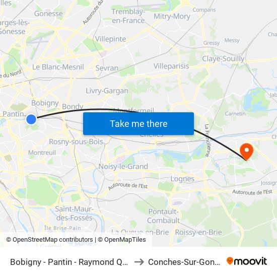 Bobigny - Pantin - Raymond Queneau to Conches-Sur-Gondoire map