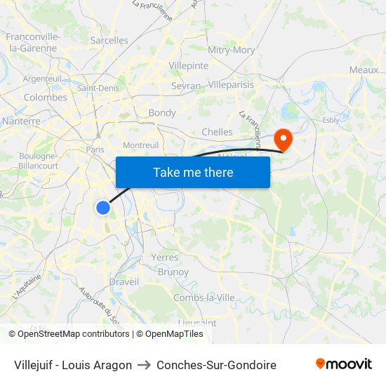 Villejuif - Louis Aragon to Conches-Sur-Gondoire map