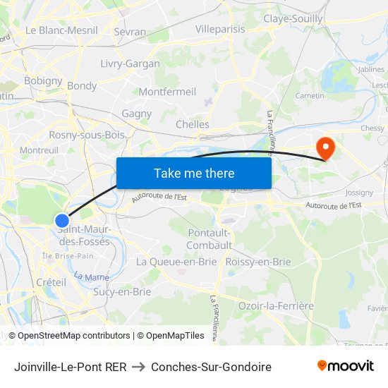 Joinville-Le-Pont RER to Conches-Sur-Gondoire map