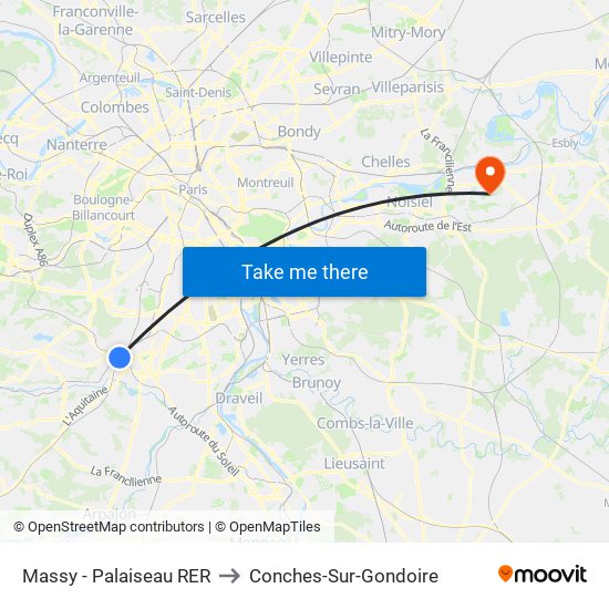 Massy - Palaiseau RER to Conches-Sur-Gondoire map