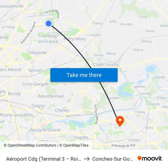 Aéroport Cdg (Terminal 3 – Roissypôle) to Conches-Sur-Gondoire map