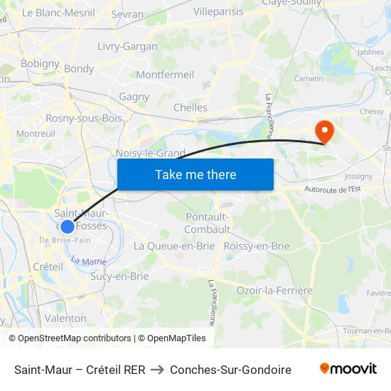 Saint-Maur – Créteil RER to Conches-Sur-Gondoire map