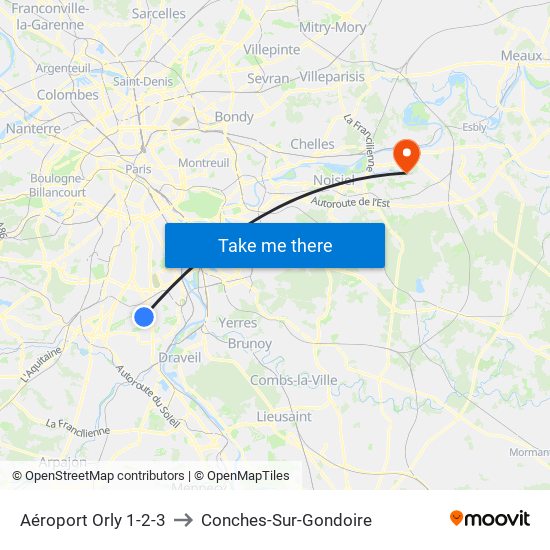 Aéroport Orly 1-2-3 to Conches-Sur-Gondoire map