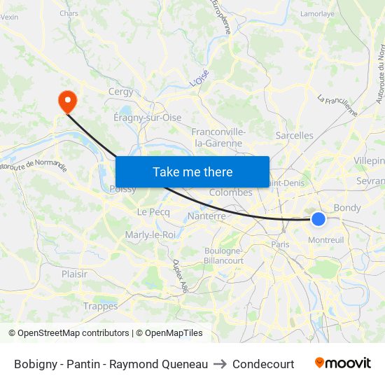 Bobigny - Pantin - Raymond Queneau to Condecourt map
