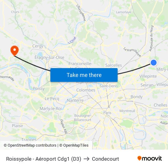 Roissypole - Aéroport Cdg1 (D3) to Condecourt map
