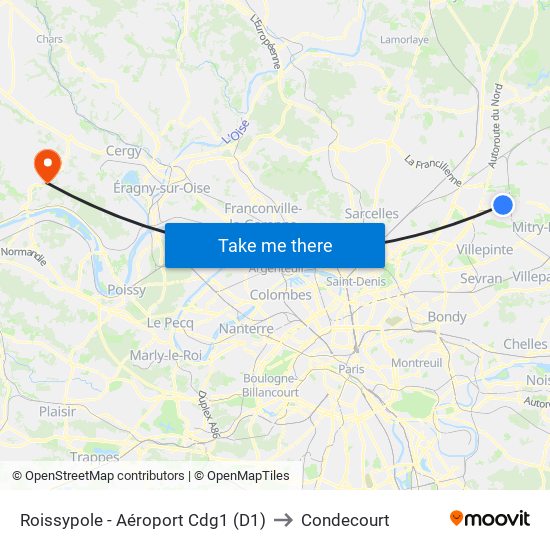 Roissypole - Aéroport Cdg1 (D1) to Condecourt map