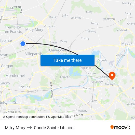 Mitry-Mory to Conde-Sainte-Libiaire map