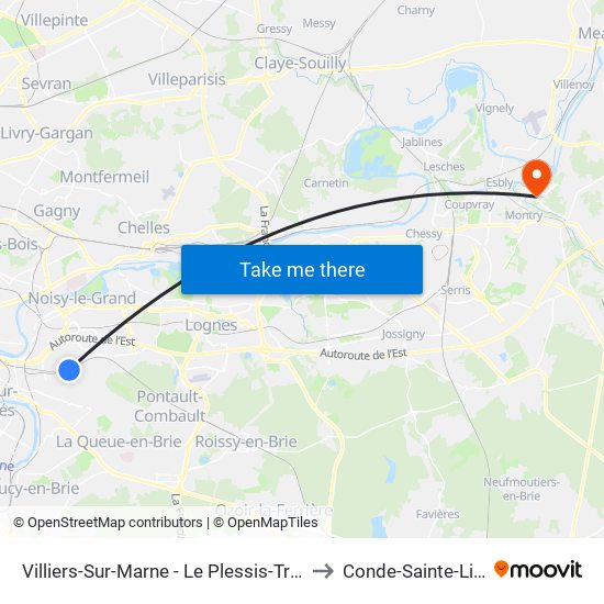 Villiers-Sur-Marne - Le Plessis-Trévise RER to Conde-Sainte-Libiaire map
