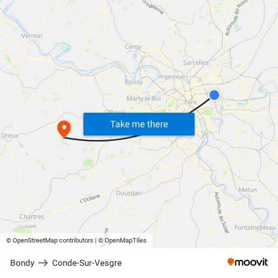 Bondy to Conde-Sur-Vesgre map