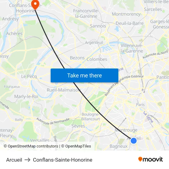 Arcueil to Conflans-Sainte-Honorine map