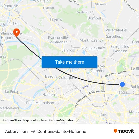 Aubervilliers to Conflans-Sainte-Honorine map