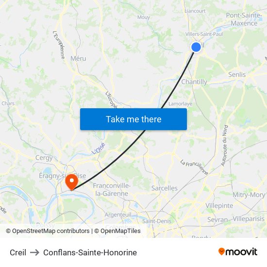 Creil to Conflans-Sainte-Honorine map