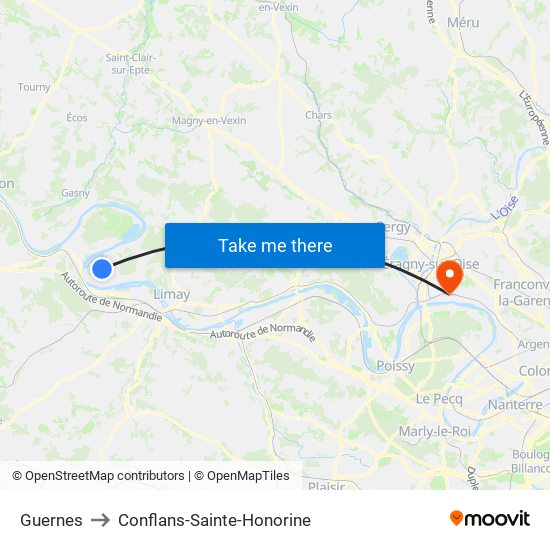 Guernes to Conflans-Sainte-Honorine map