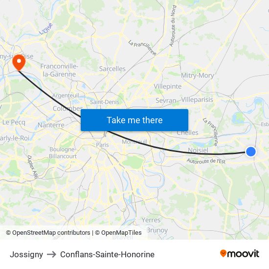 Jossigny to Conflans-Sainte-Honorine map