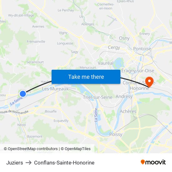 Juziers to Conflans-Sainte-Honorine map