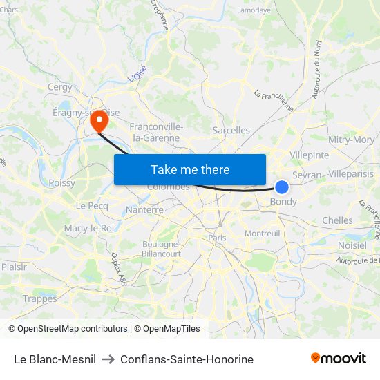 Le Blanc-Mesnil to Conflans-Sainte-Honorine map