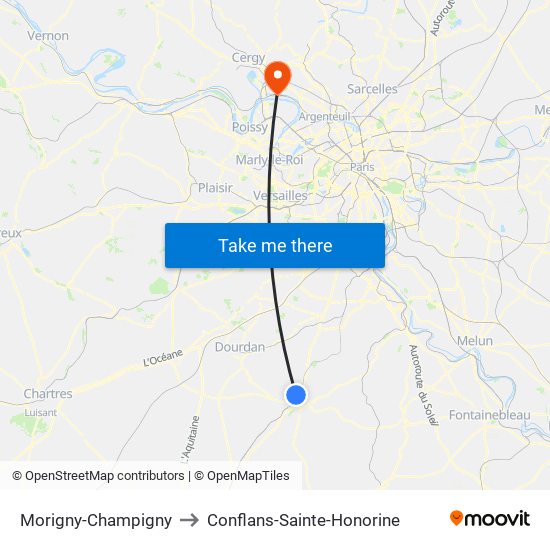 Morigny-Champigny to Conflans-Sainte-Honorine map