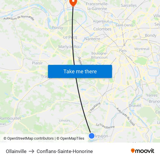 Ollainville to Conflans-Sainte-Honorine map