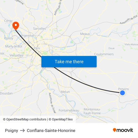 Poigny to Conflans-Sainte-Honorine map
