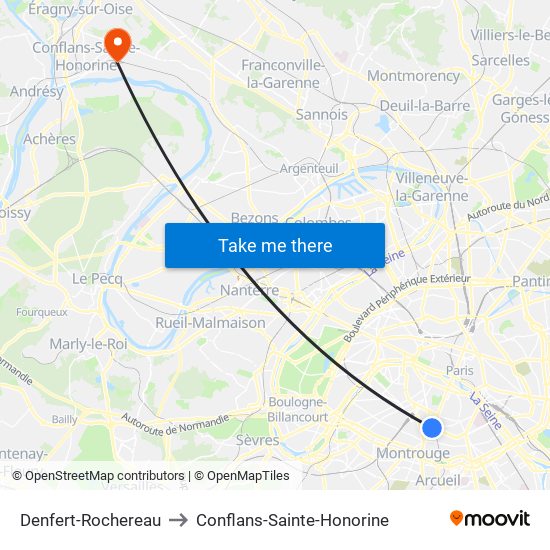 Denfert-Rochereau to Conflans-Sainte-Honorine map