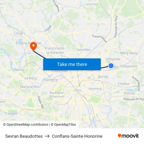 Sevran Beaudottes to Conflans-Sainte-Honorine map