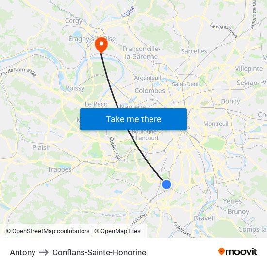 Antony to Conflans-Sainte-Honorine map