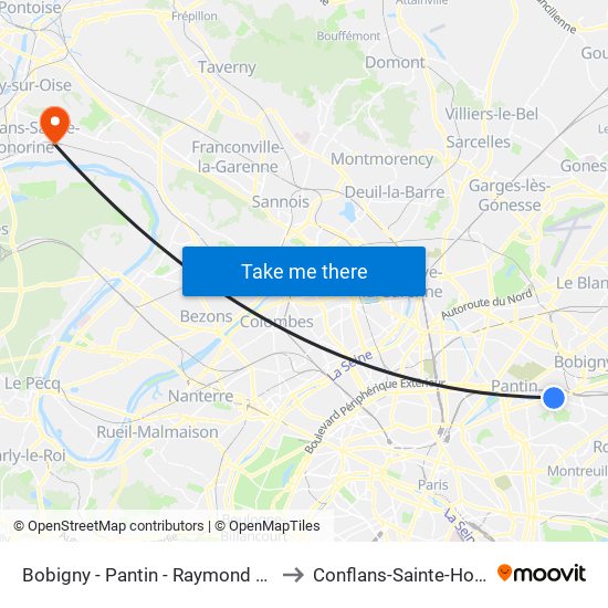 Bobigny - Pantin - Raymond Queneau to Conflans-Sainte-Honorine map