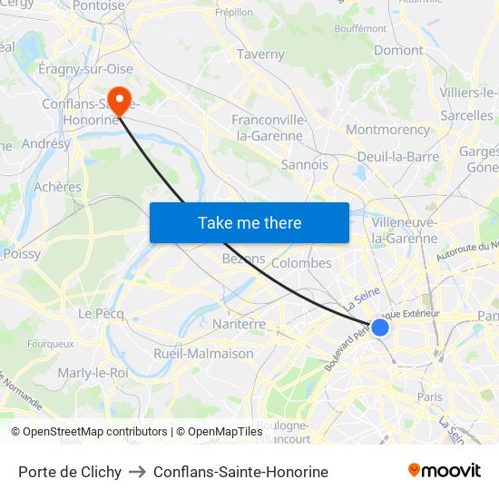 Porte de Clichy to Conflans-Sainte-Honorine map