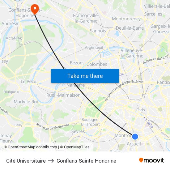Cité Universitaire to Conflans-Sainte-Honorine map