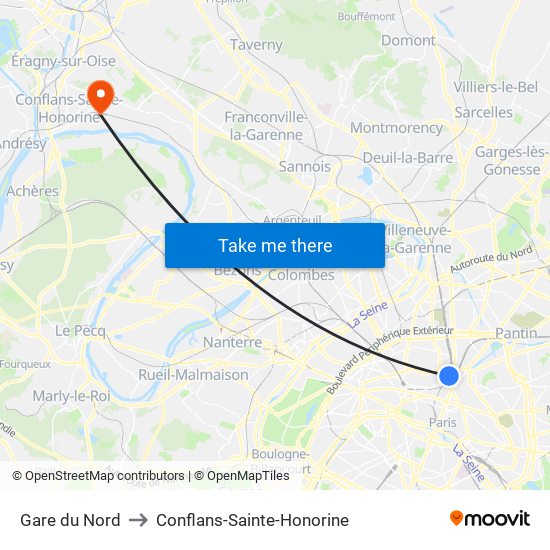 Gare du Nord to Conflans-Sainte-Honorine map