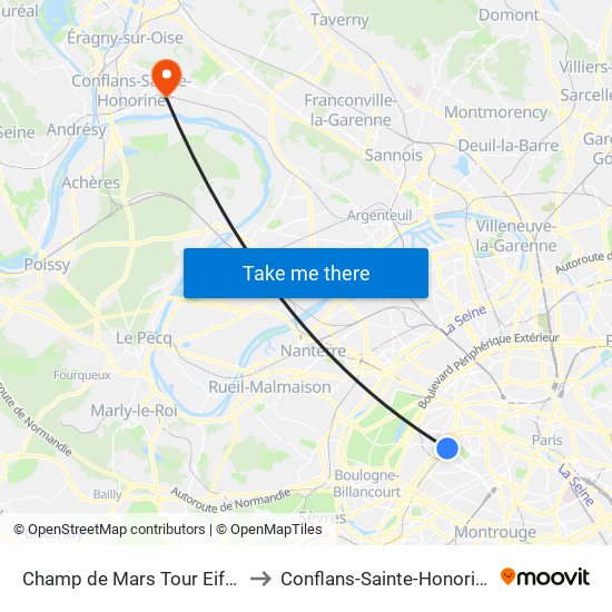 Champ de Mars Tour Eiffel to Conflans-Sainte-Honorine map
