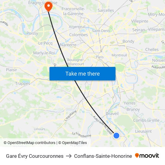 Gare Évry Courcouronnes to Conflans-Sainte-Honorine map