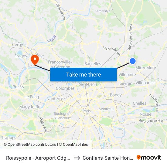 Roissypole - Aéroport Cdg1 (D3) to Conflans-Sainte-Honorine map