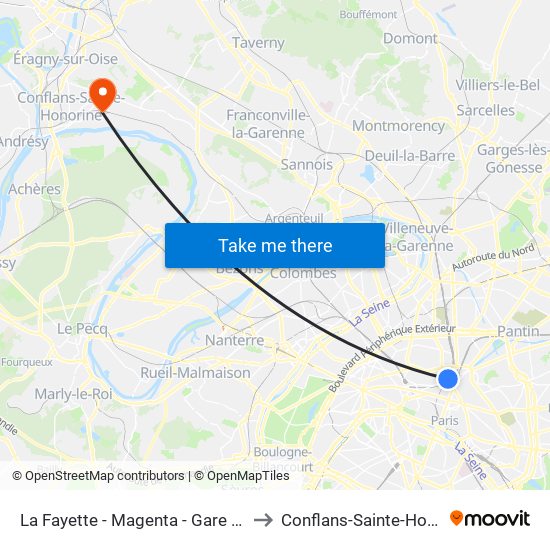 La Fayette - Magenta - Gare du Nord to Conflans-Sainte-Honorine map