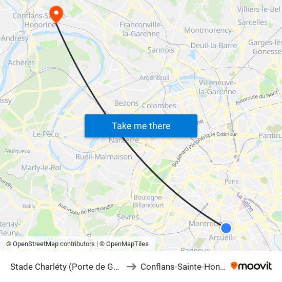 Stade Charléty (Porte de Gentilly) to Conflans-Sainte-Honorine map