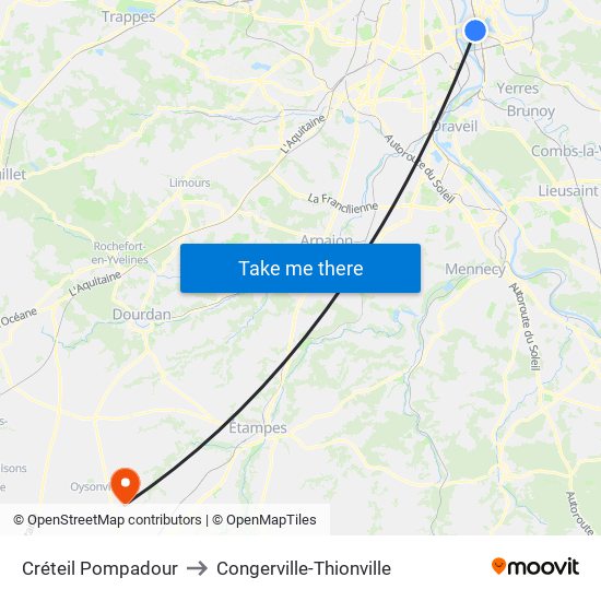 Créteil Pompadour to Congerville-Thionville map