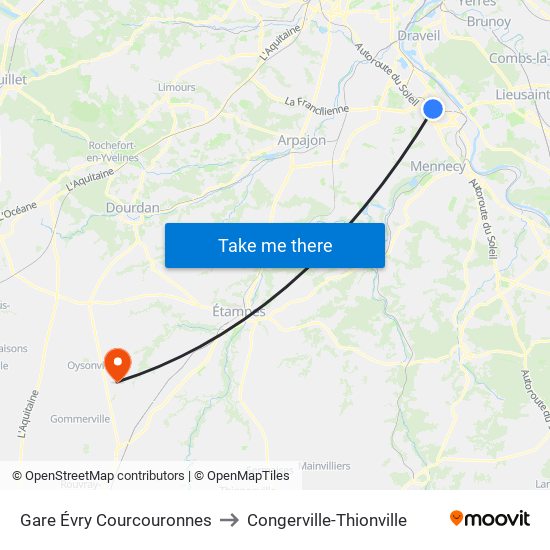 Gare Évry Courcouronnes to Congerville-Thionville map