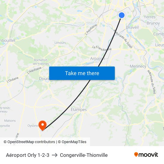 Aéroport Orly 1-2-3 to Congerville-Thionville map